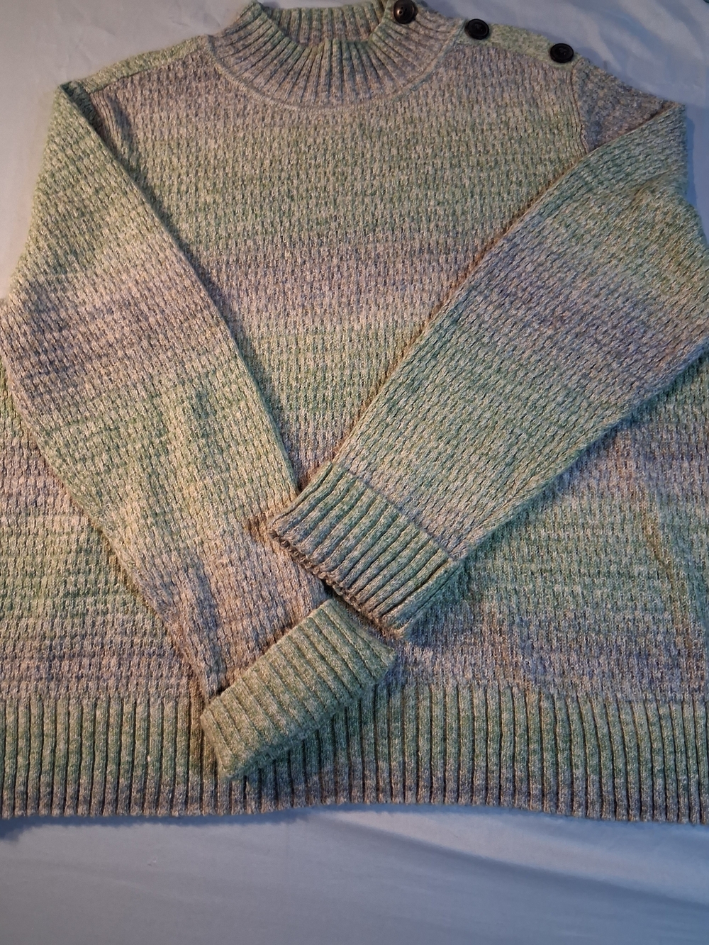Talbots Green Heather Ribbed Neck Sweater with Button Shoulder